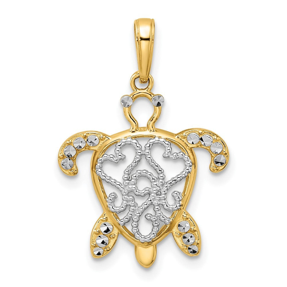14k Yellow Gold and White Rhodium Diamond-cut Filigree Turtle Pendant