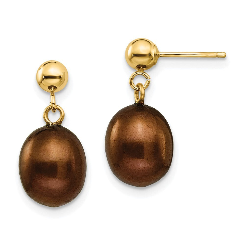 14k Yellow Gold 8-9mm Brown Freshwater Cultured Pearl Dangle Earrings