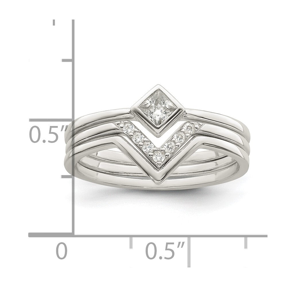 Sterling Silver Polished Square CZ 3 Ring Set Size 7
