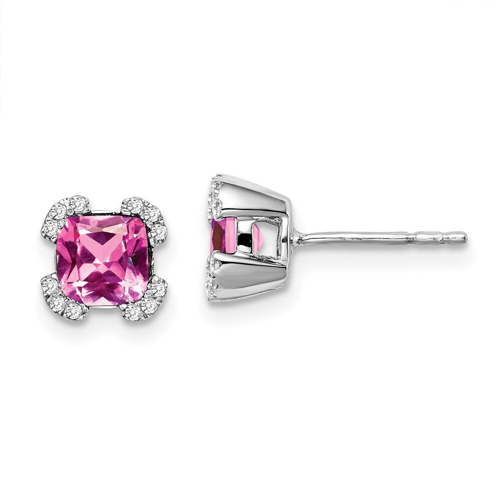 14k White Gold Cushion Created Pink Sapphire and Diamond Stud Earrings