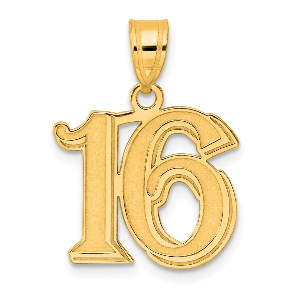 14k Yellow Gold Polished Etched Number 16 Pendant for Women