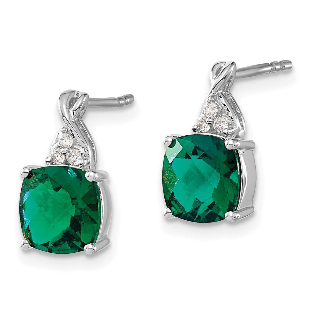14K White Gold Checkerboard Created Emerald and Diamond Drop & Dangle Earrings
