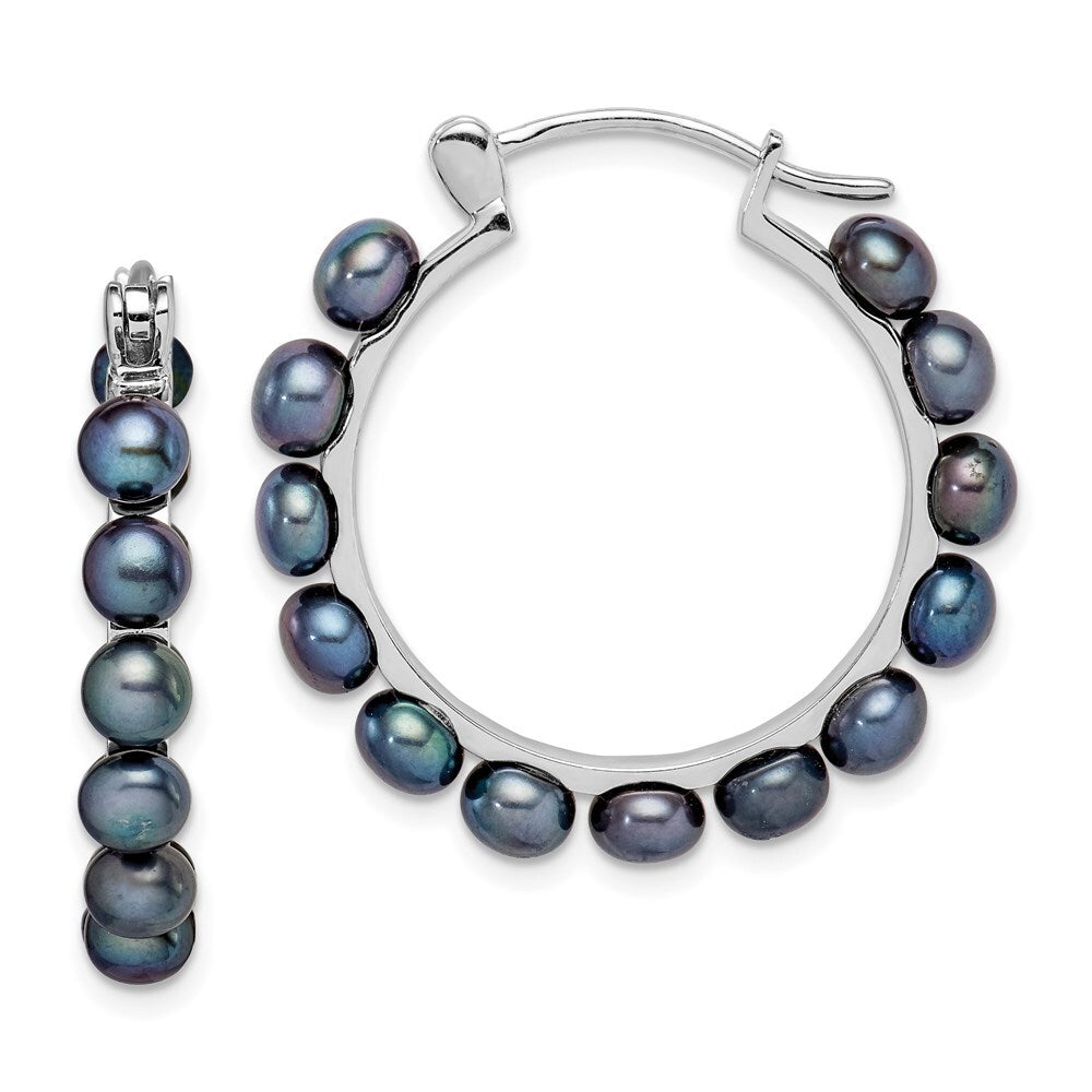 Sterling Silver 4-5mm Black Button Freshwater Cultured Pearl Hoop Earrings