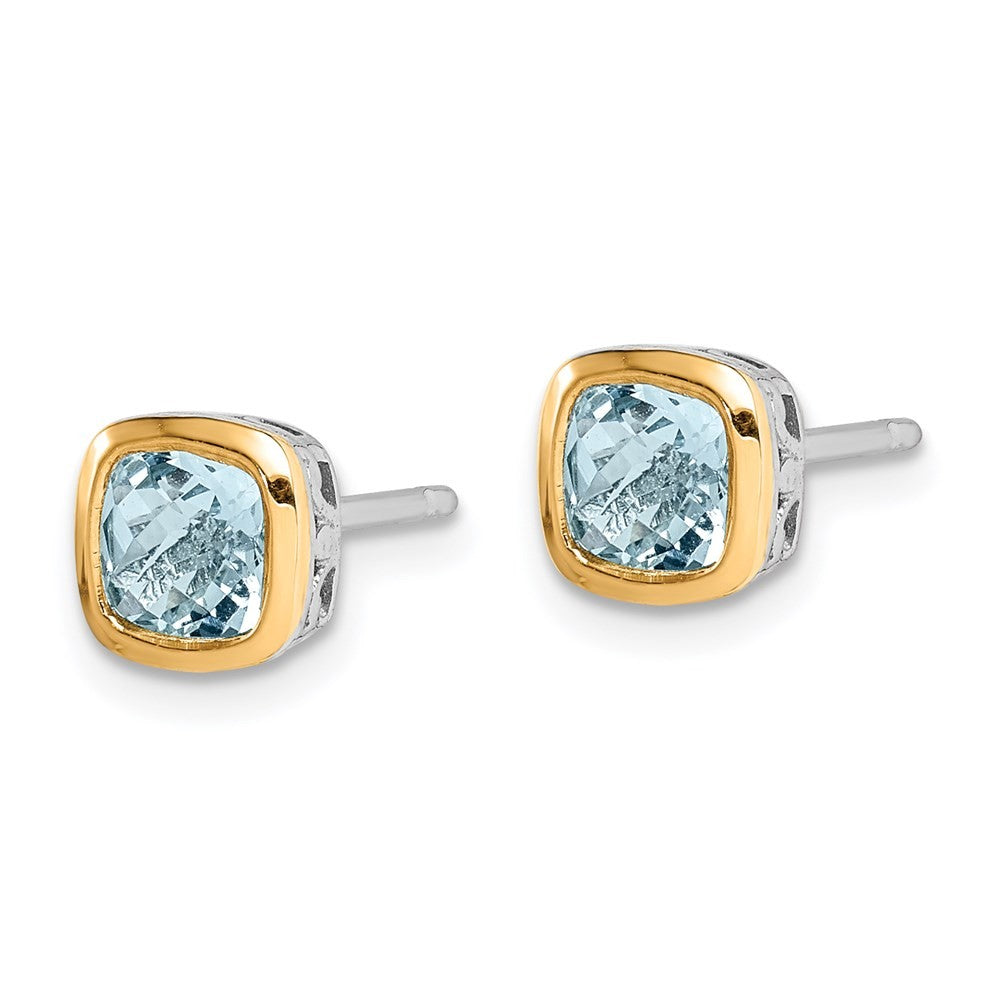 Sterling Silver Rhodium-plated with 14k Accent Aquamarine Square Stud Earrings