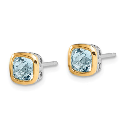 Sterling Silver Rhodium-plated with 14k Accent Aquamarine Square Stud Earrings