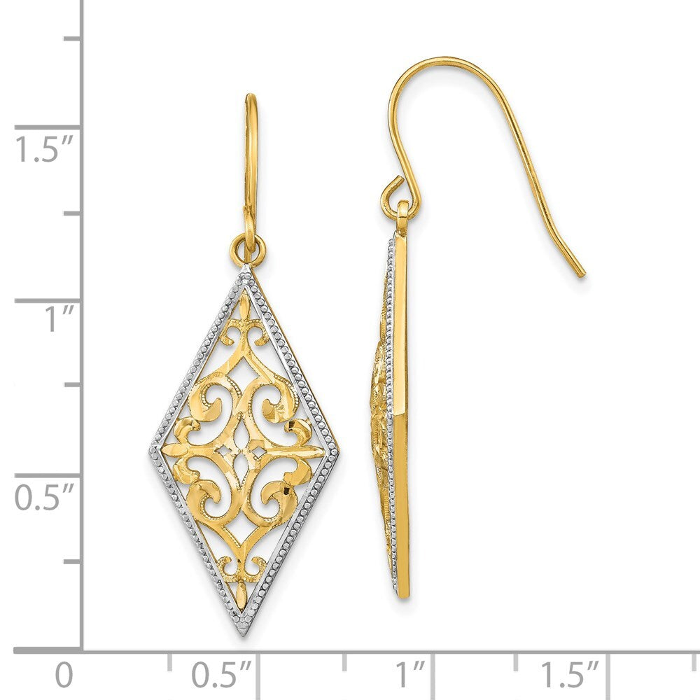 14k Yellow Gold Rhodium Diamond Shape Filigree Dangle Earrings