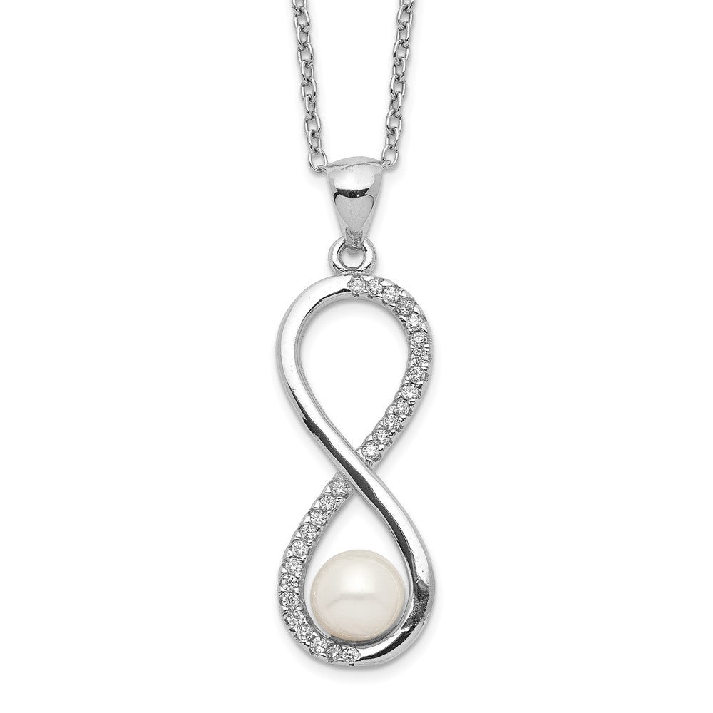 Sterling Silver 5-6mm White Round Cultured Pearl and CZ Infinity 17" Necklace