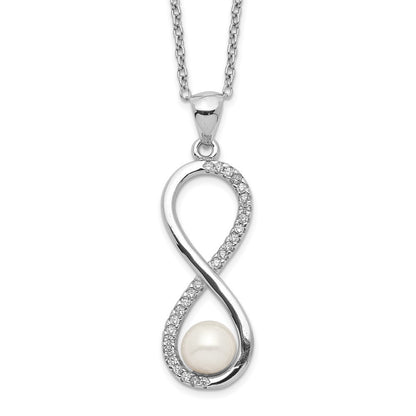 Sterling Silver 5-6mm White Round Cultured Pearl and CZ Infinity 17" Necklace