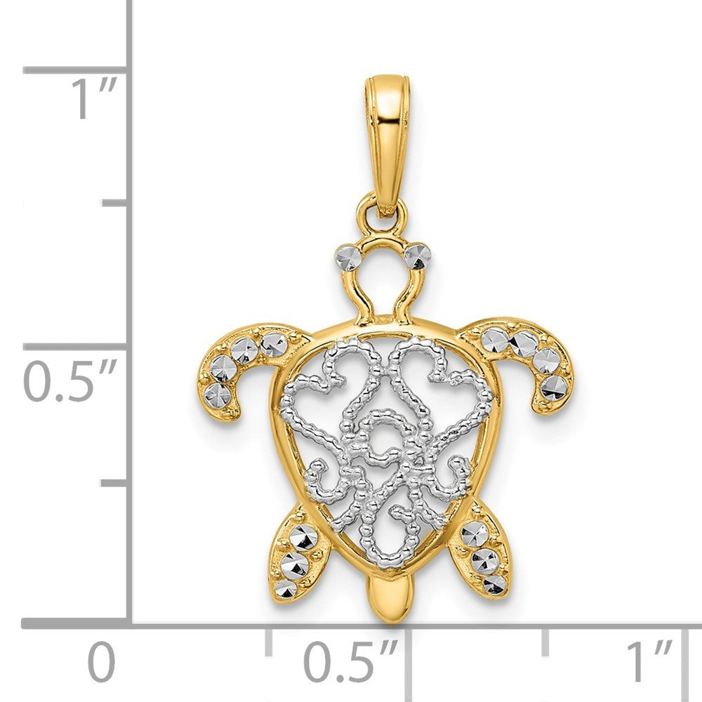 14k Yellow Gold and White Rhodium Diamond-cut Filigree Turtle Pendant