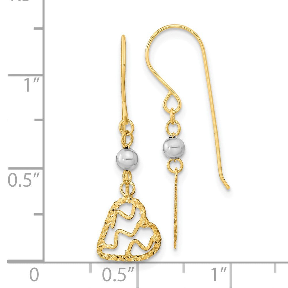 14k Two-tone Gold Satin Diamond-Cut Heart Dangle Shepherd Hook Earrings
