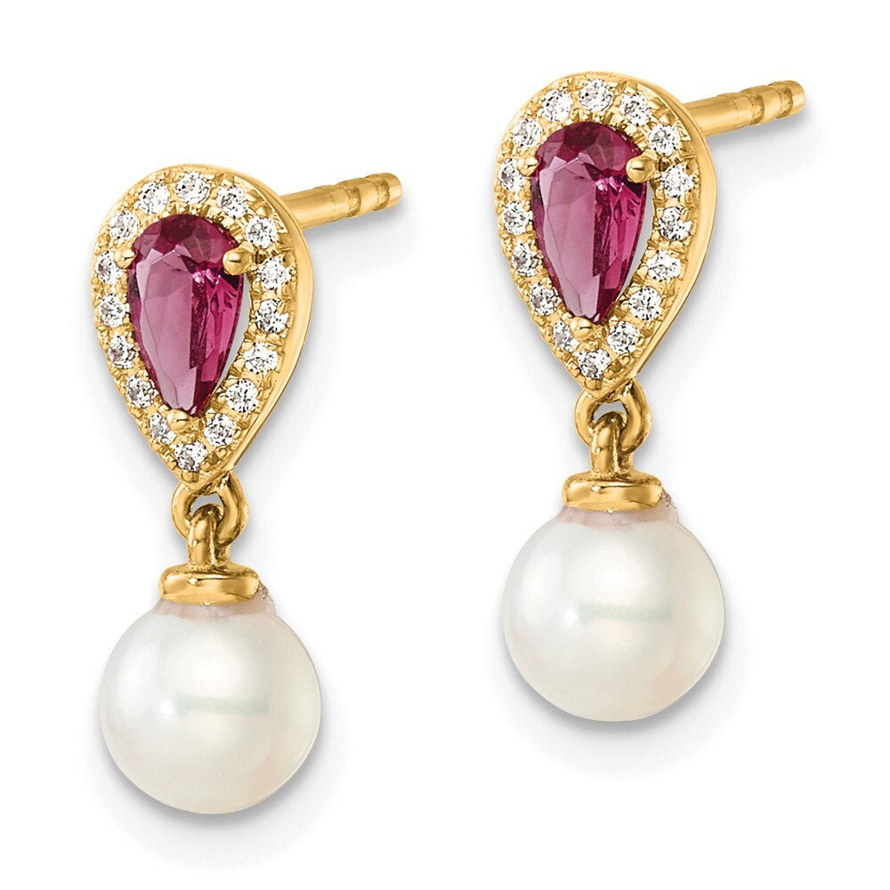 14k Yellow Gold Polished Diamond Pearl and Ruby Dangle Earrings