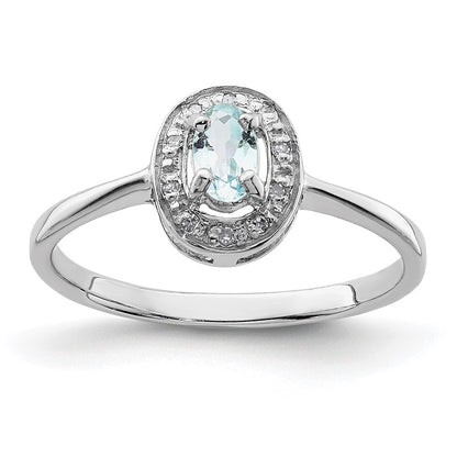 Sterling Silver Rhodium Aquamarine & Diamond Ring Size 7