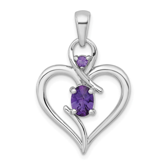 Sterling Silver Rhodium-plated Polished Amethyst Open Heart Pendant