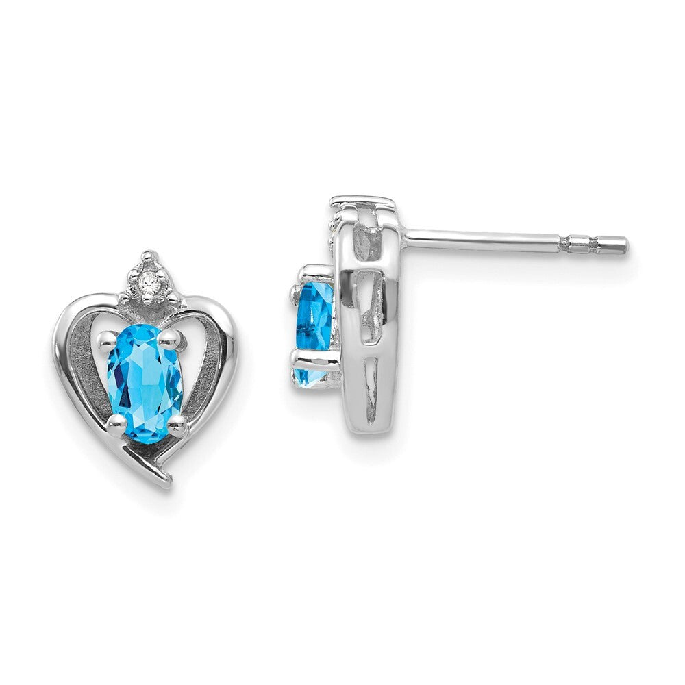 14k White Gold Blue Topaz and Diamond Heart Stud Earrings Gift for Women