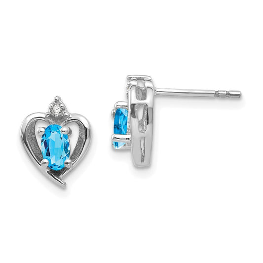 14k White Gold Blue Topaz and Diamond Heart Stud Earrings Gift for Women