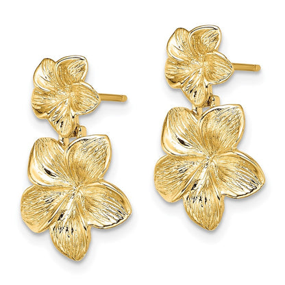14k Yellow Gold Double Plumeria Flower Dangle Earrings