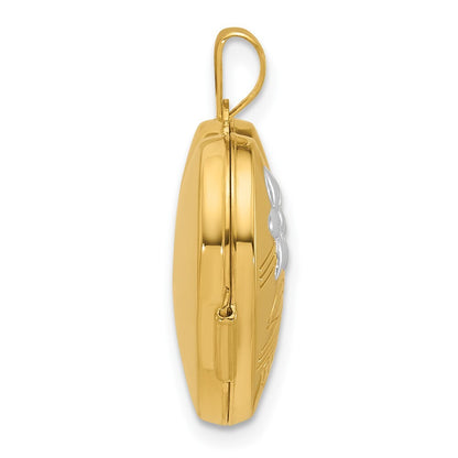 14k Yellow Gold and Rhodium Polished Floral 18mm Heart Locket Pendant for Women
