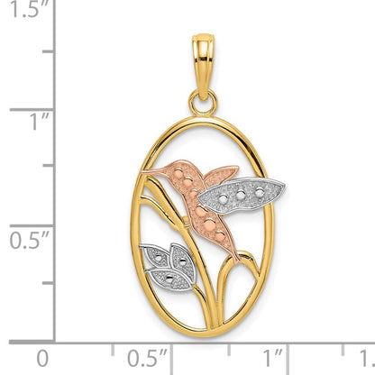 14k Two-tone Gold White Rhodium Hummingbird Flowers In Oval Frame Charm Pendant