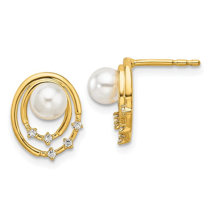 14k Yellow Gold Polished Diamond and Pearl Ovals Drop Stud Earrings
