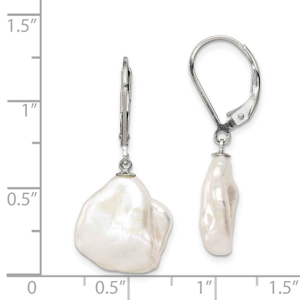 Sterling Silver 13-15mm Keshi Cultured Pearl Leverback Dangle Earrings