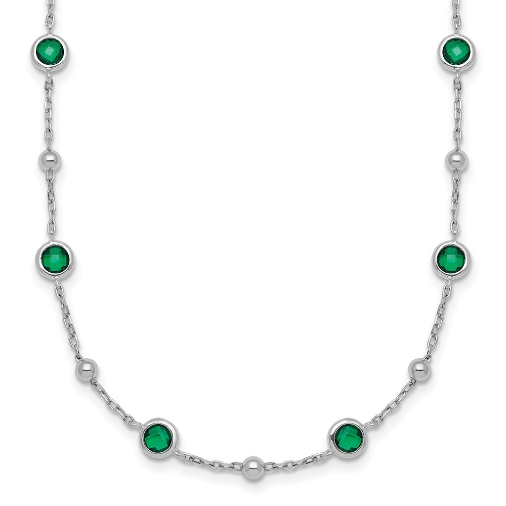 Sterling Silver &Beaded Bezel-set Round Green CZ 16" with 2" Extension Necklace