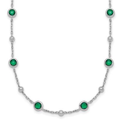 Sterling Silver &Beaded Bezel-set Round Green CZ 16" with 2" Extension Necklace