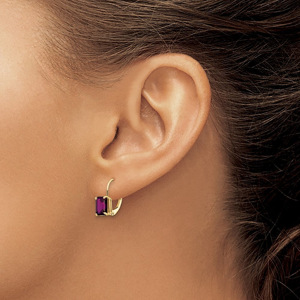 14k Yellow Gold 7x5mm Emerald Cut Amethyst Leverback Earrings Gift for Women