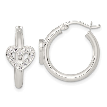 Sterling Silver Polished CZ Heart Round Hoop Earrings