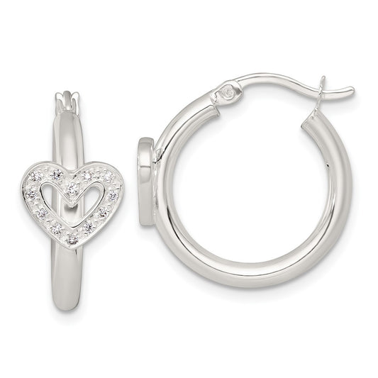 Sterling Silver Polished CZ Heart Round Hoop Earrings