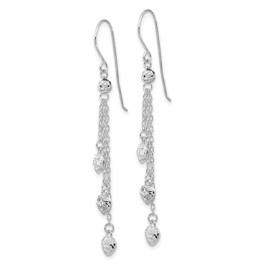 14k White Gold Diamond-Cut Triple Heart Drop Dangle Earrings w/ Shepherd Hook