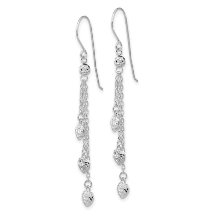 14k White Gold Diamond-Cut Triple Heart Drop Dangle Earrings w/ Shepherd Hook