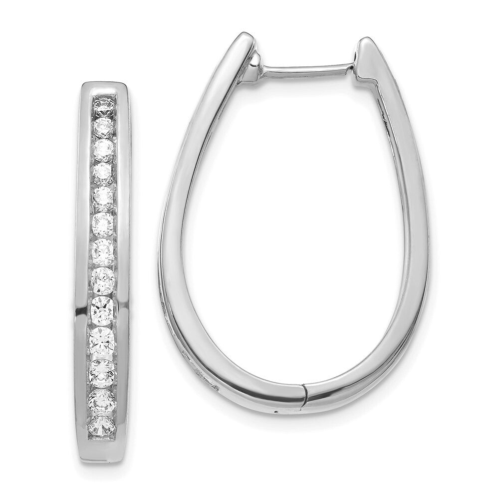 14k White Gold Diamond Oval Hinged Hoop Earrings