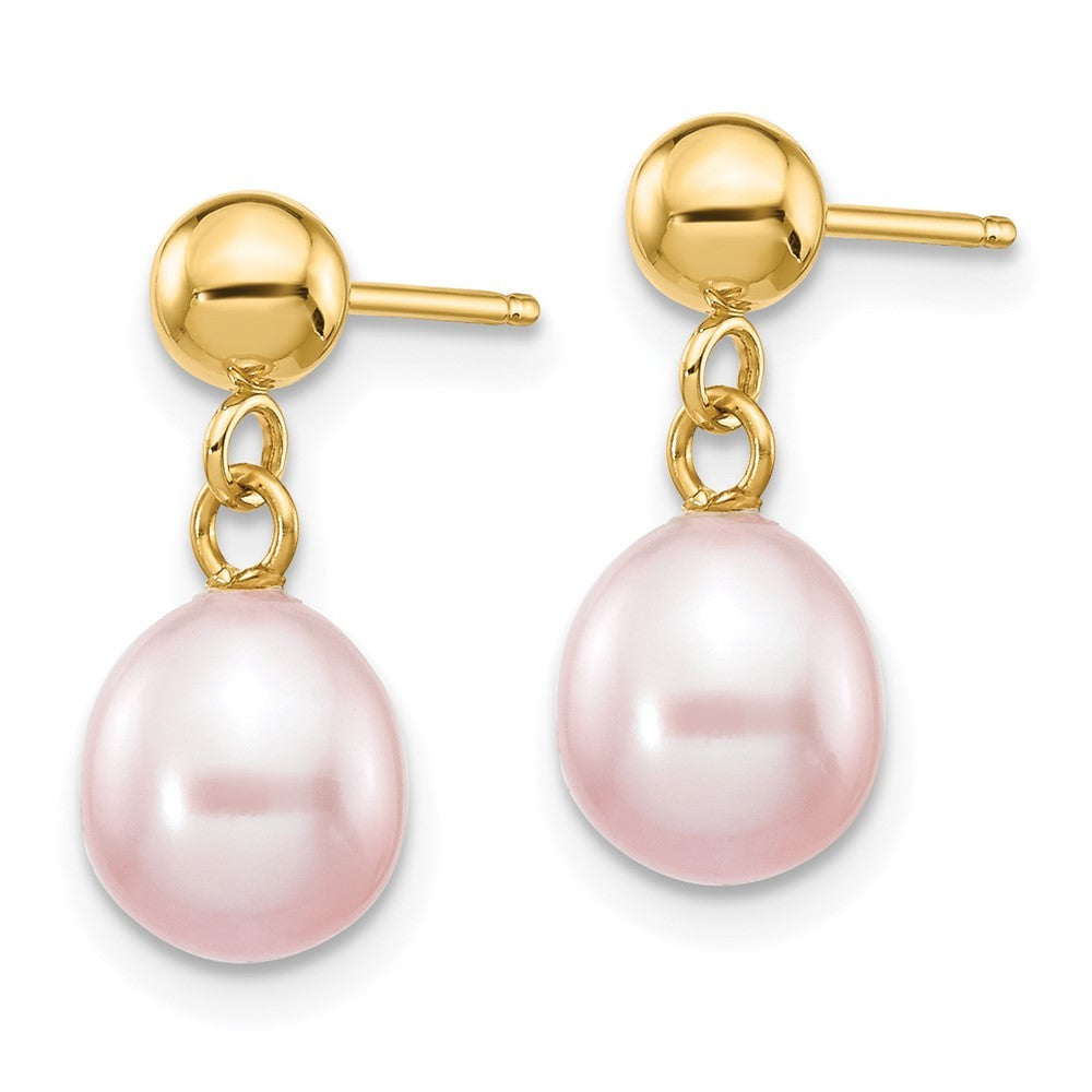 14k Yellow Gold 6-7mm Purple Rice Freshwater Cultured Pearl Dangle Earrings