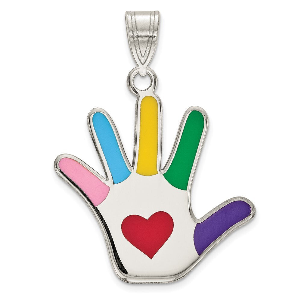 Sterling Silver Rhod-plate Enamel Autism Heart Handprint Pendant