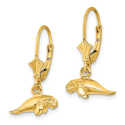14k Yellow Gold 3-D Polished Mini Manatee Drop Dangle Earrings