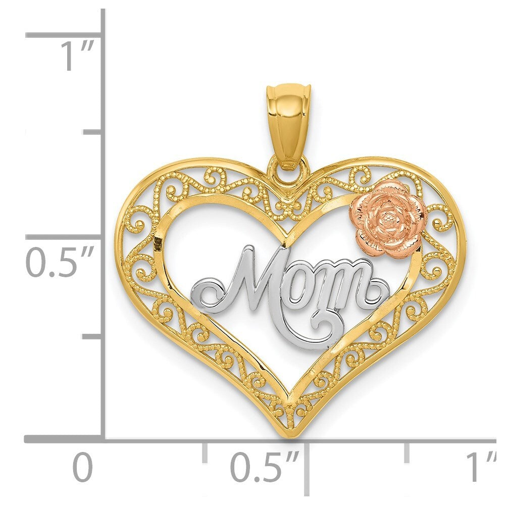 14k Two-tone Gold White Rhodium Diamond-Cut MOM in Heart Rose Pendant