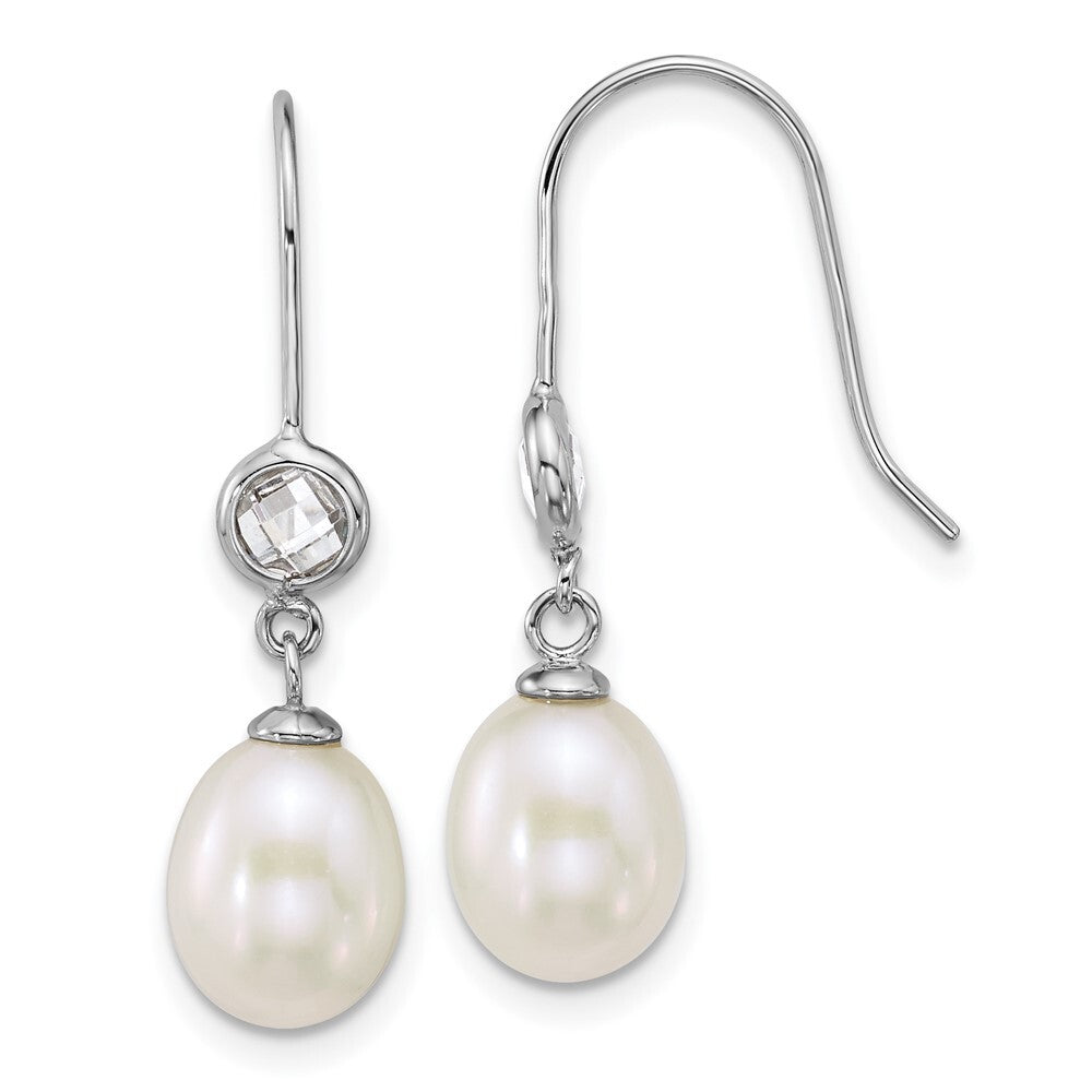 Sterling Silver White Rice Cultured Pearl & Glass Shepherd Hook Dangle Earrings