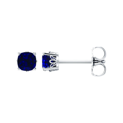 14k White Gold 6x6 mm Cushion Lab-Grown Blue Sapphire Stud Earrings