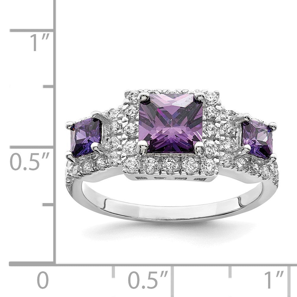 Sterling Silver Rhodium plated Purple Square Cubic Zirconia Ring Size 7