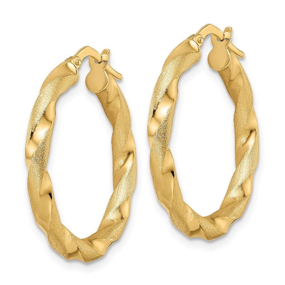 14k Yellow Gold Brushed and Polished Twisted Hoop Earrings