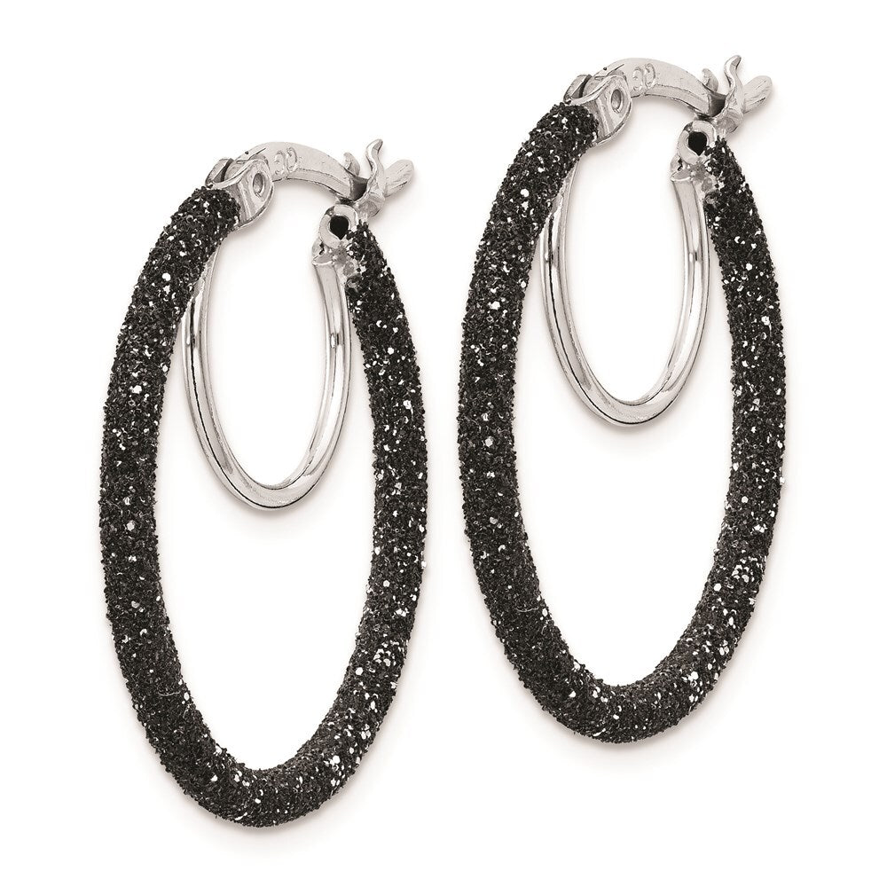 Sterling Silver Rhodium/Black Glitter Enamel 2x25mm Hoop Earrings