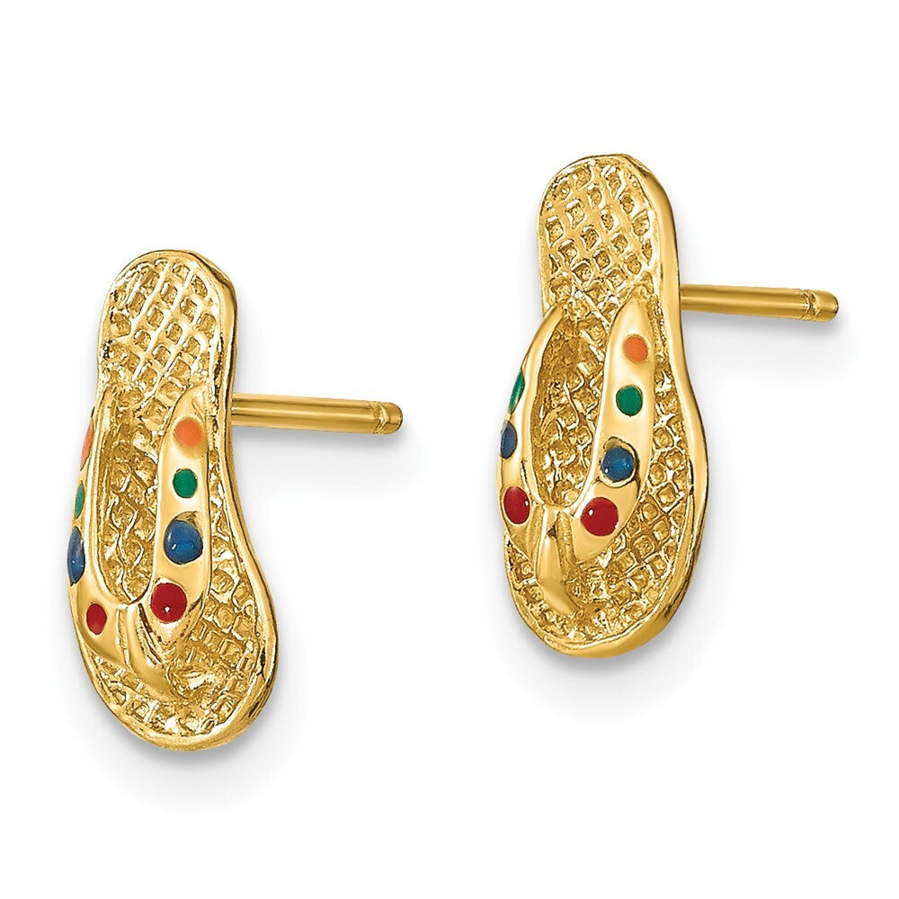 14k Yellow Gold 3D Multi-Color Enamel Flip-Flop Stud Earrings Gift for Women