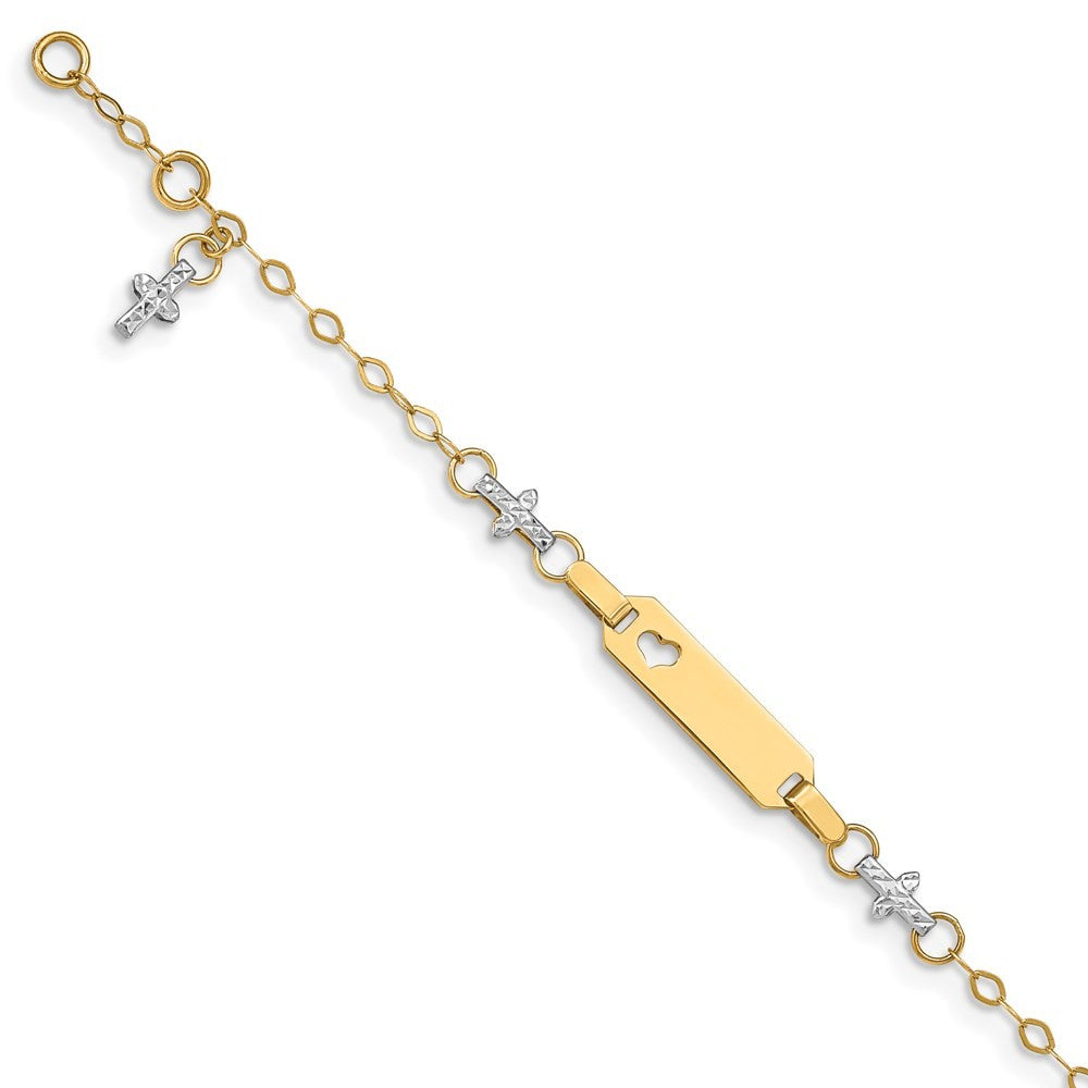 14k Two-tone Textured Cross and Cut-out Heart 18x5mm Plate 6" ID Bracelet 1" Ext