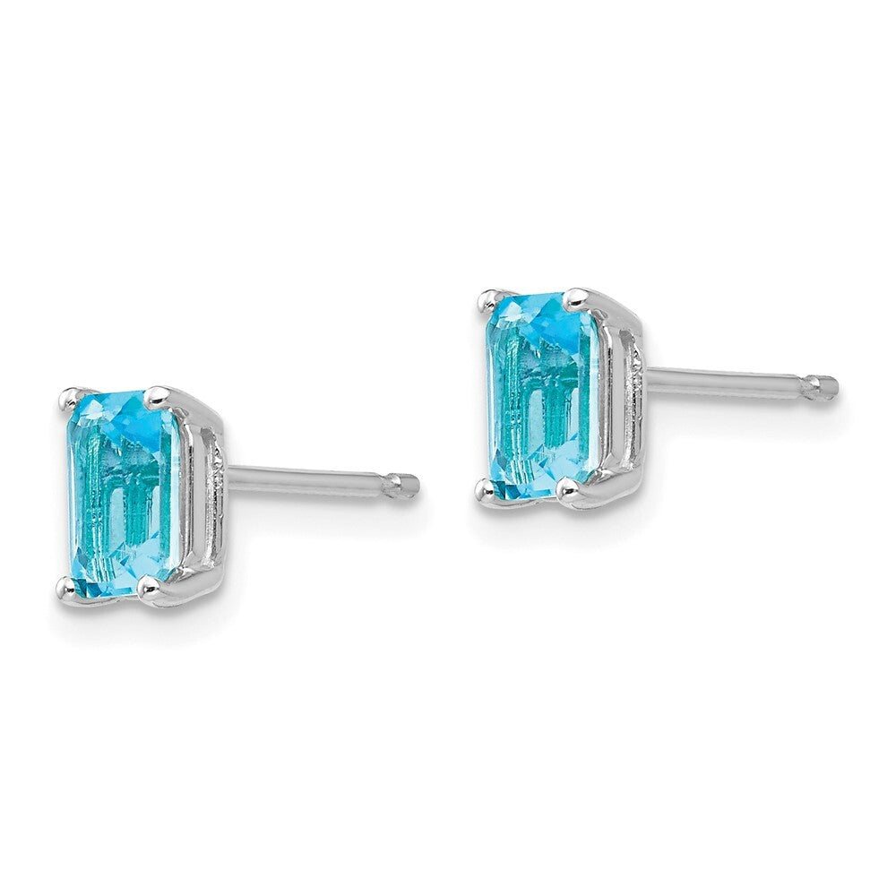 14k White Gold 6x4mm Emerald Cut Blue Topaz Stud Earrings Gift for Women