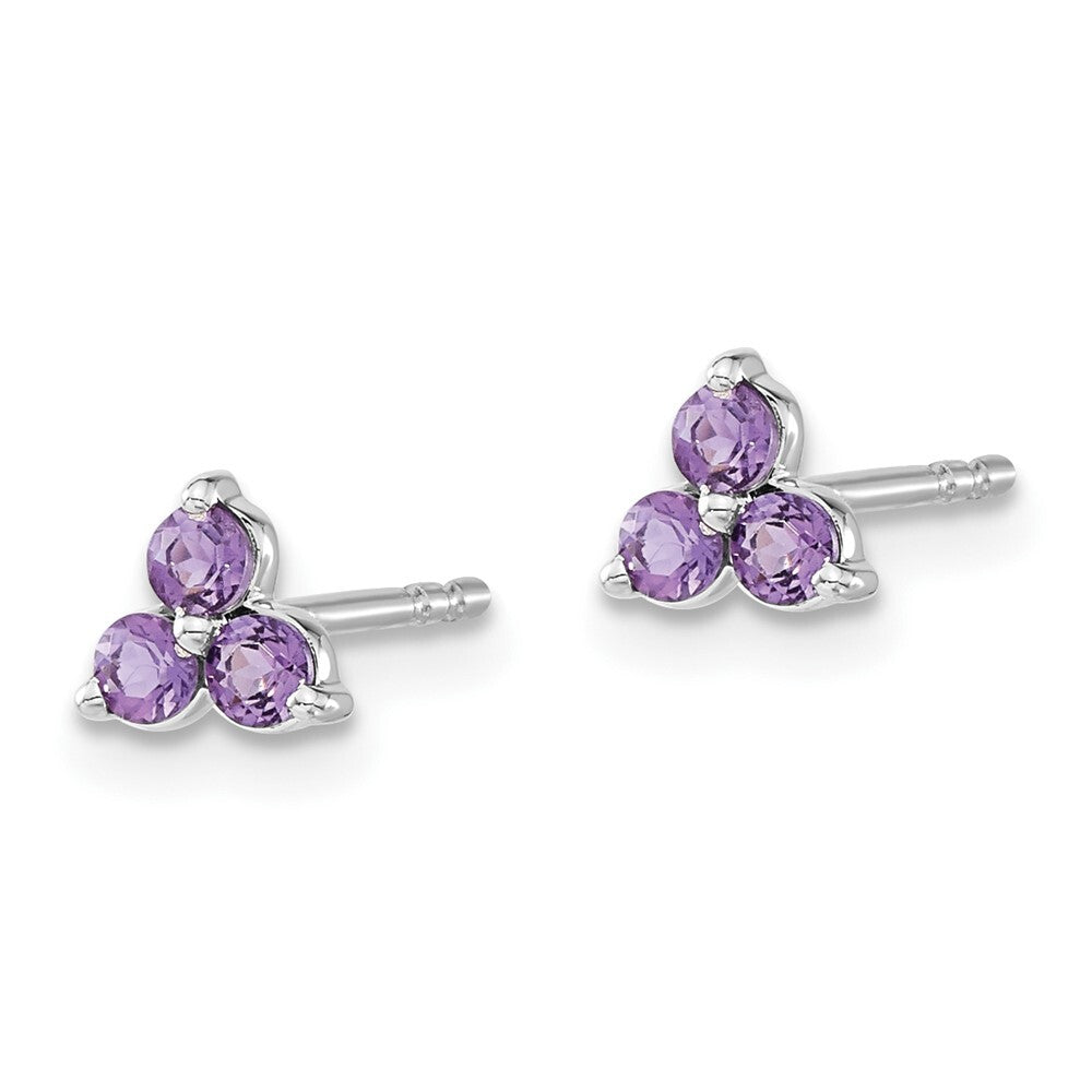 14k White Gold 3-stone Amethyst Triangle Stud Earrings Gift for Women