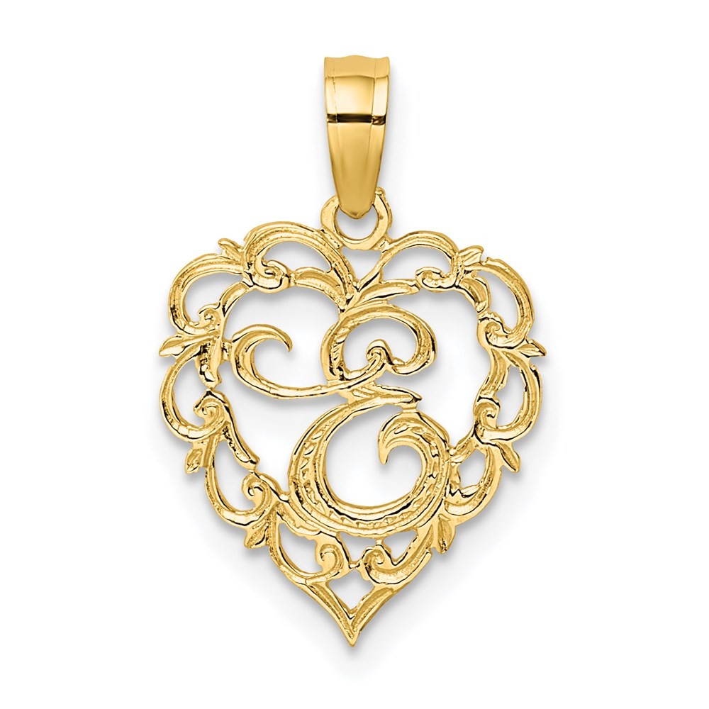 14k Yellow Gold Heart Script Letter E Initial Charm