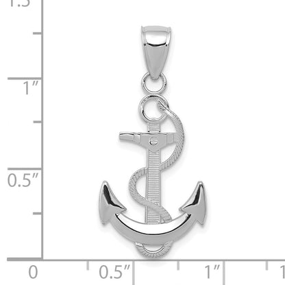 14k White Gold Polished Anchor with Textured Rope Pendant