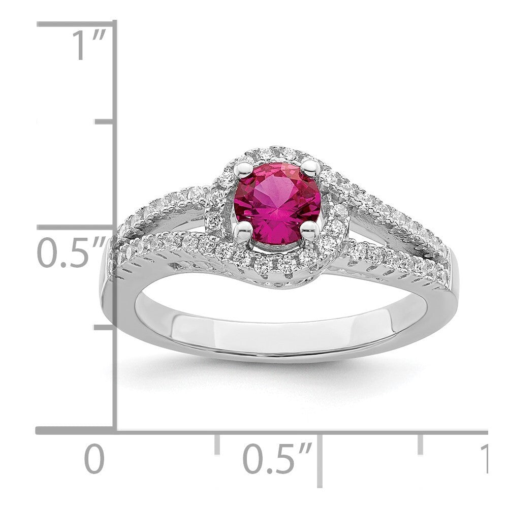 Sterling Silver Rhodium plated Created Red Corundum & White CZ Ring Size 8