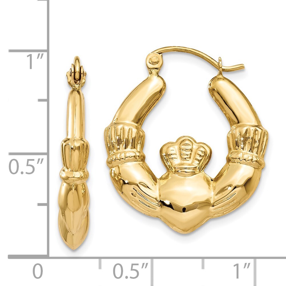 14k Yellow Gold Polished Claddagh Hoop Earrings Gift for Women