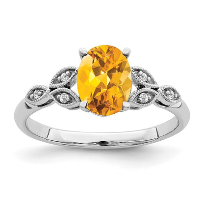 14k White Gold Oval Citrine and Diamond Ring Size 7